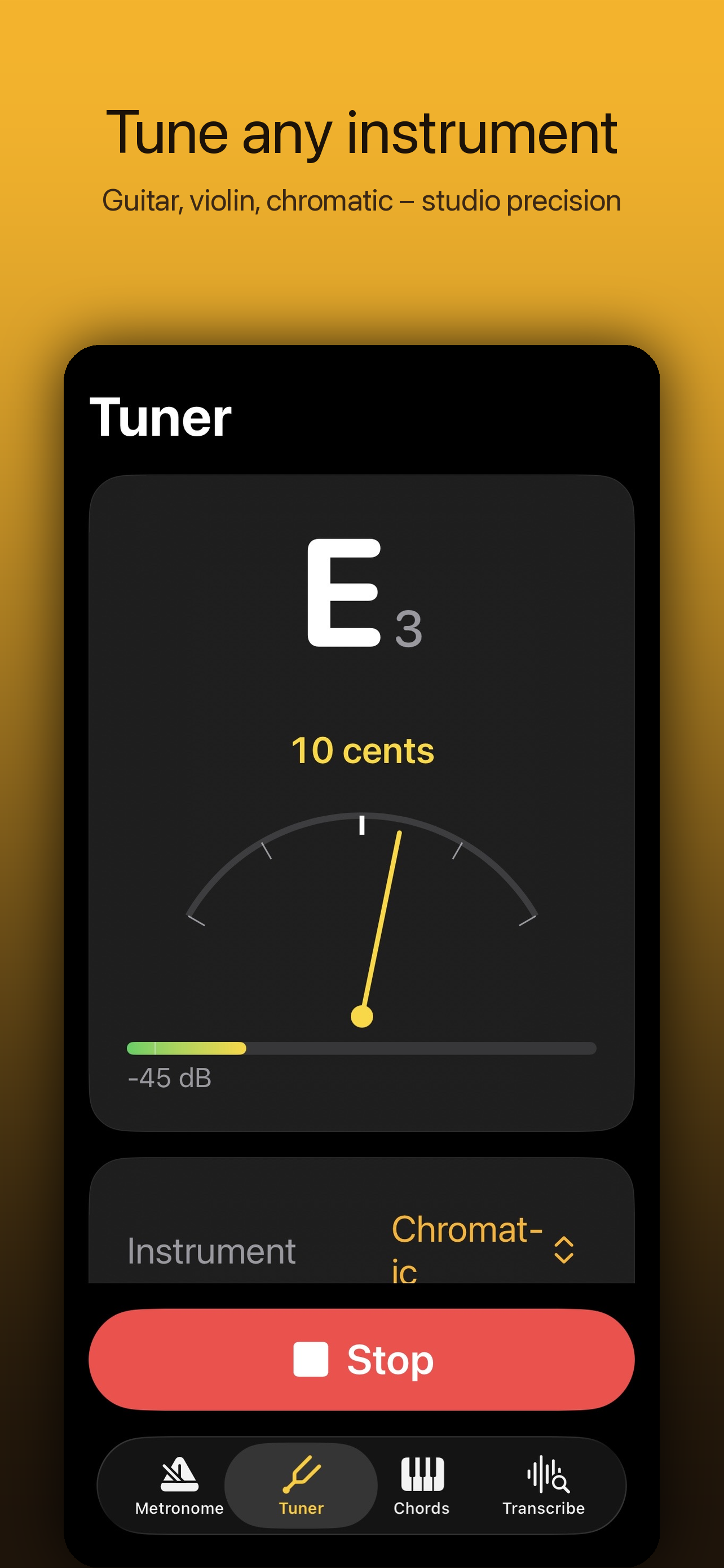 Bravo Nota Tuner screen tuning to E3 with cent meter